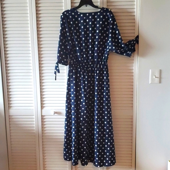 Long Tall Sally Navy Blue white polka dot tie sleeve midi dress US Size 10 - Picture 6 of 12